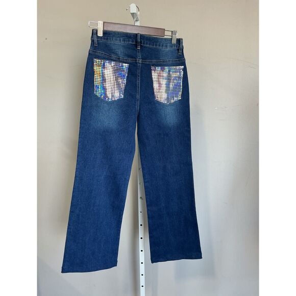 JJ's Fairyland Dark Blue Jeans, Denim shiny pockets and side strips. Wide Legs S - Picture 4 of 6